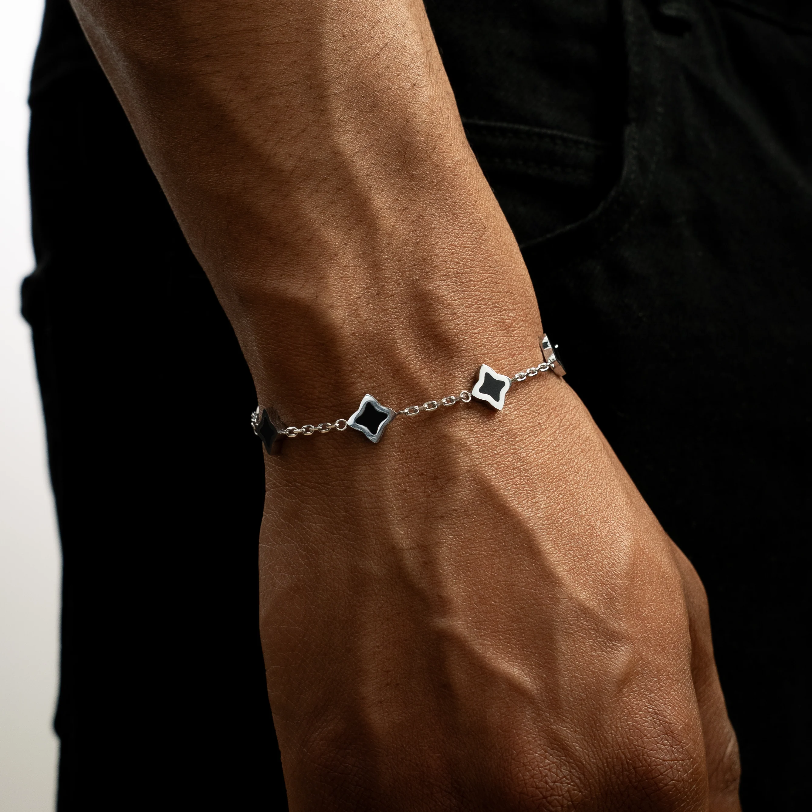 Bracelet Flower câble Argenté - Motif Noir - Image 3
