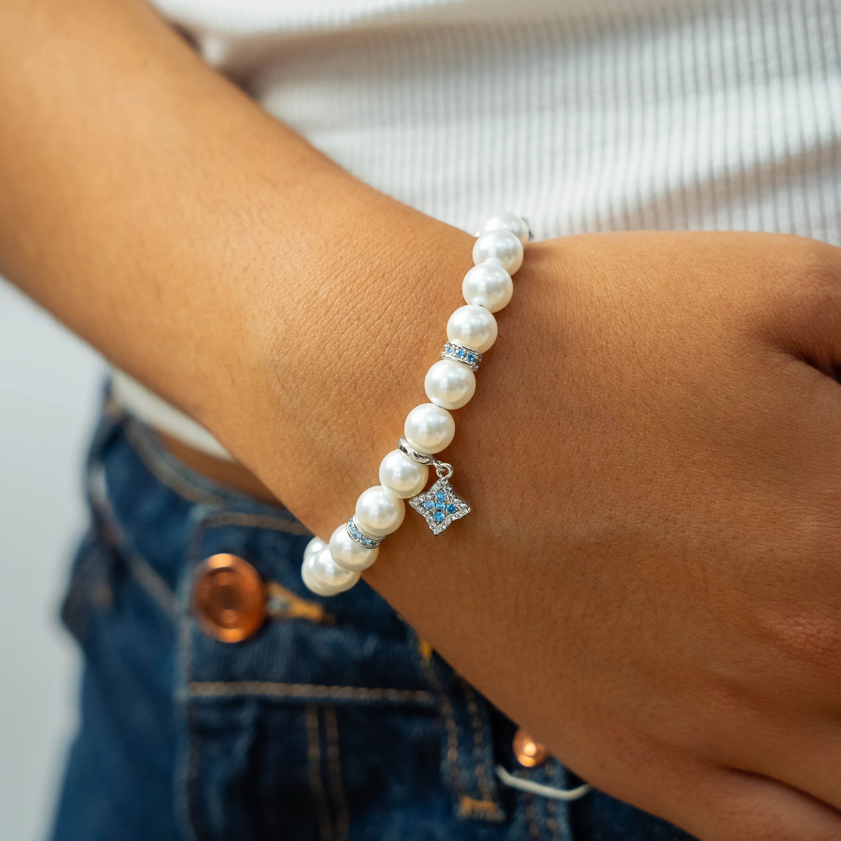 Bracelet Flower Pearl Argenté - Pierres Bleues - Image 2