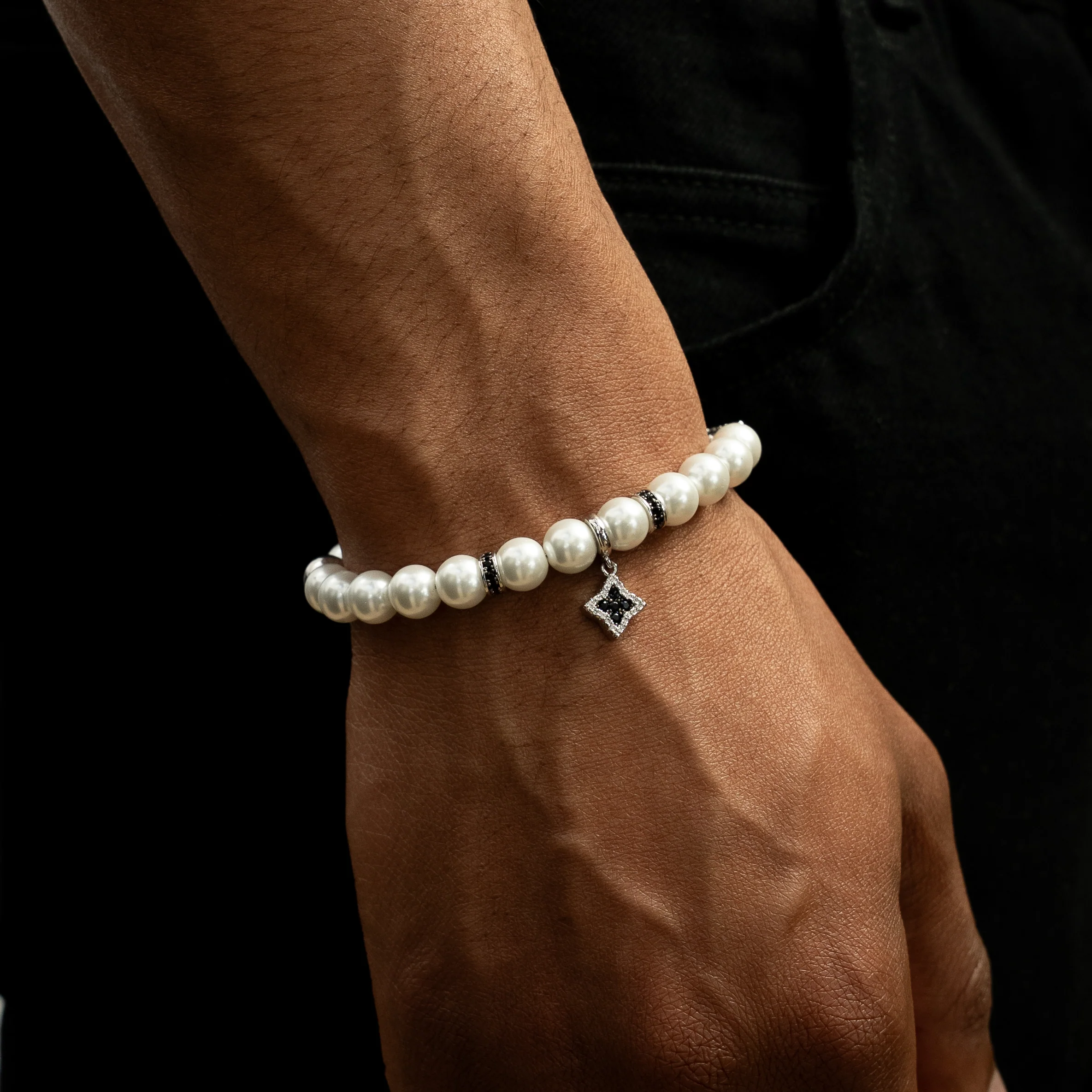 Bracelet Flower Pearl Argenté - Pierres Noires - Image 3