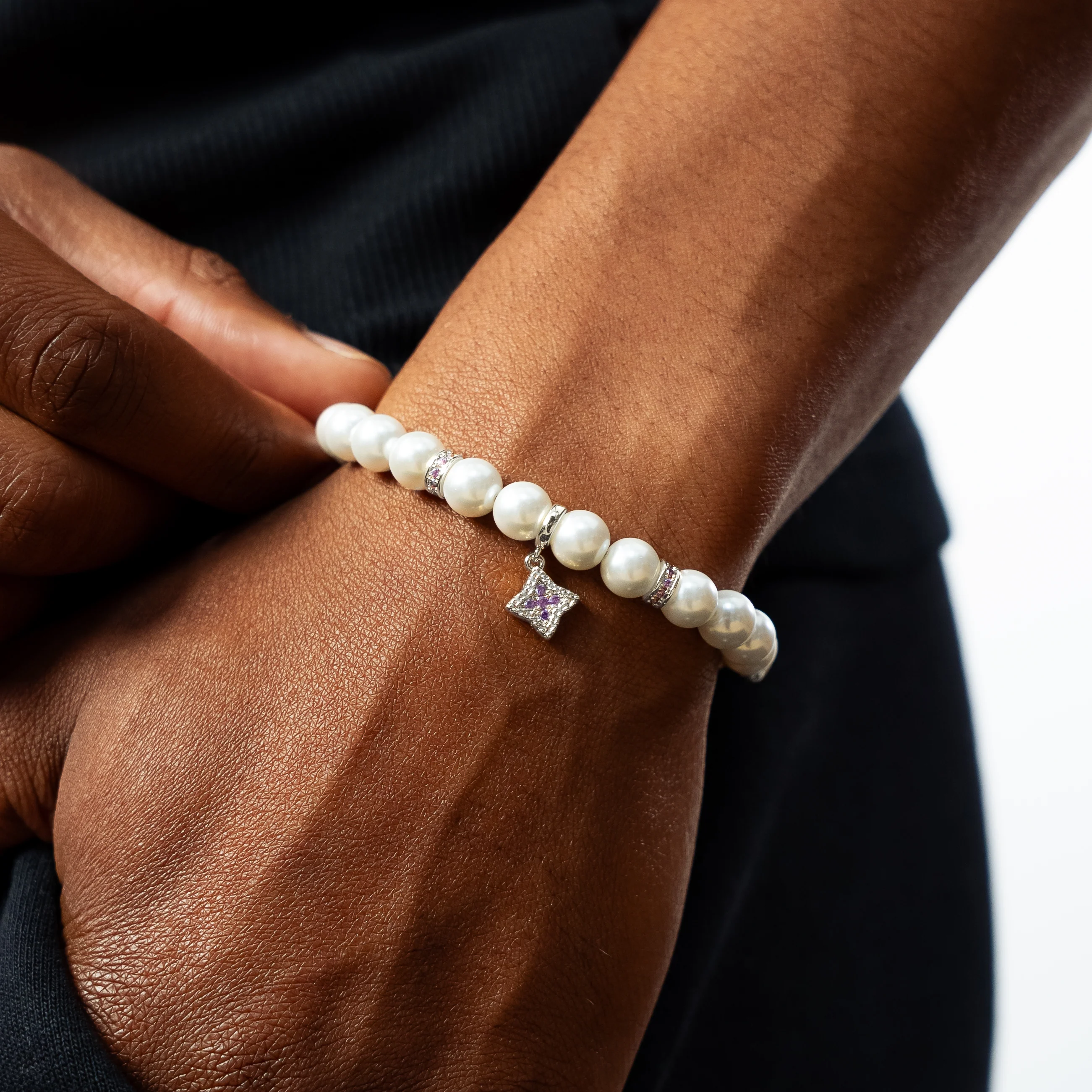 Bracelet Flower Pearl Argenté - Pierres Violettes - Image 2