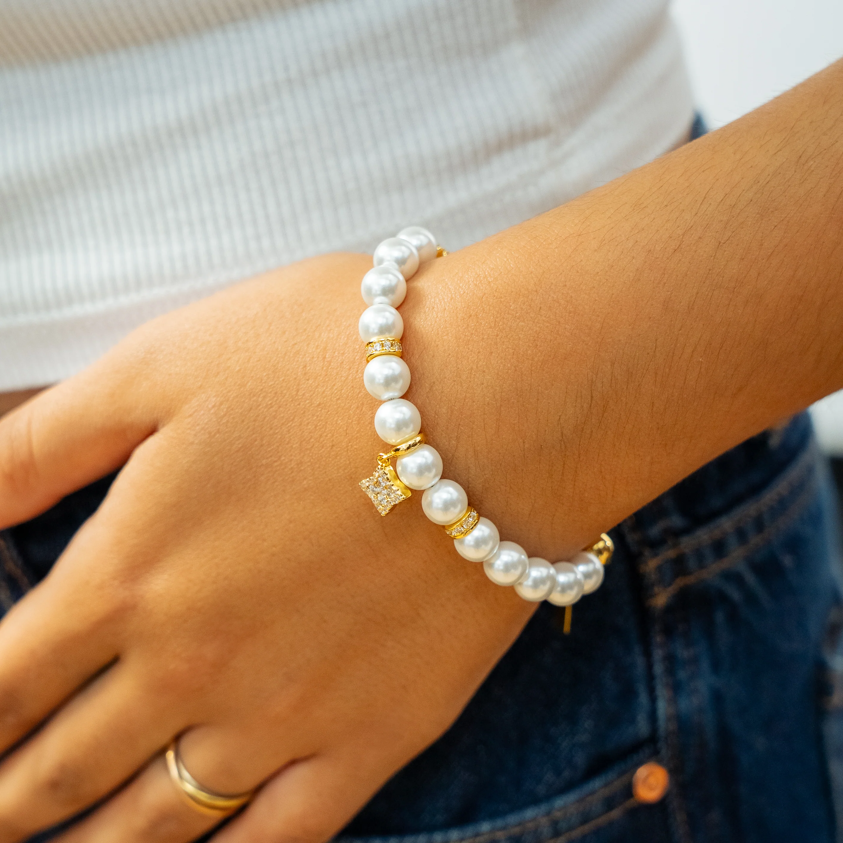 Bracelet Flower Pearl Doré - Pierres Blanches - Image 2
