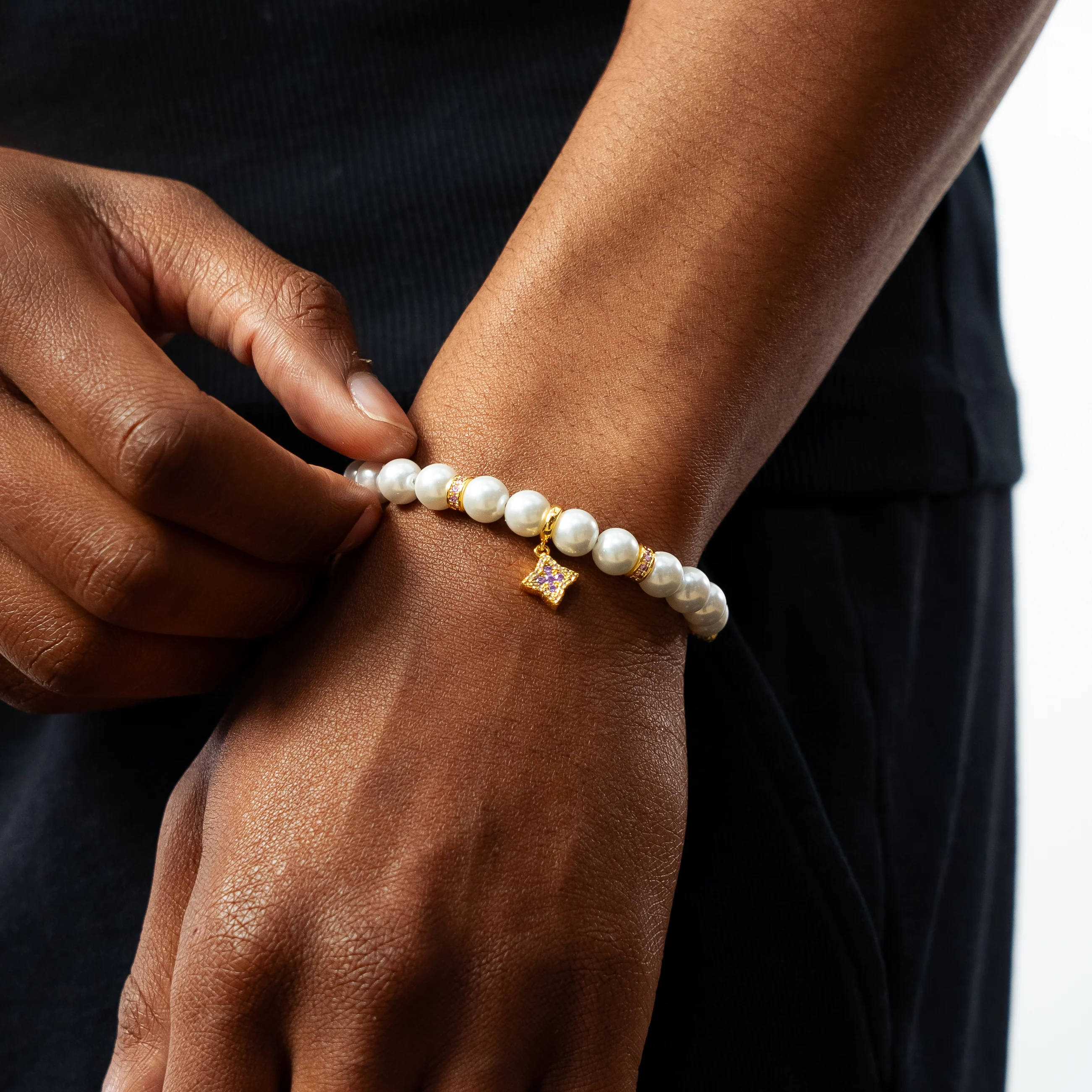 Bracelet Flower Pearl Doré - Pierres Violettes - Image 2
