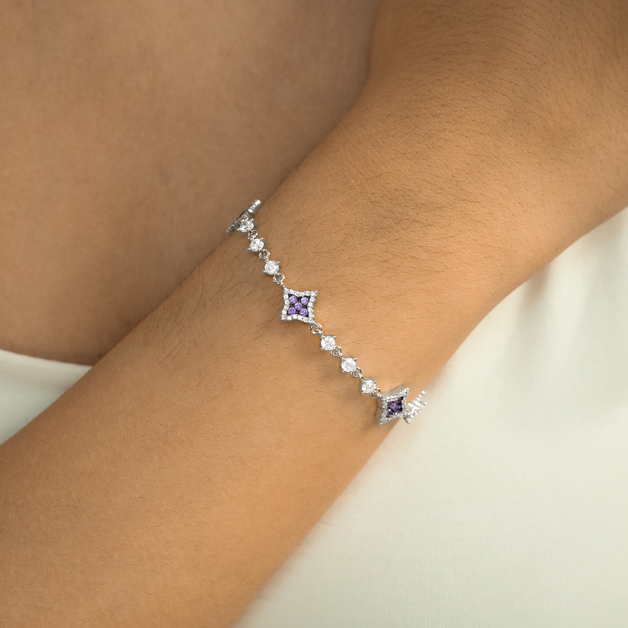 Bracelet Flower Tennis Argenté - Pierres violettes - Image 2