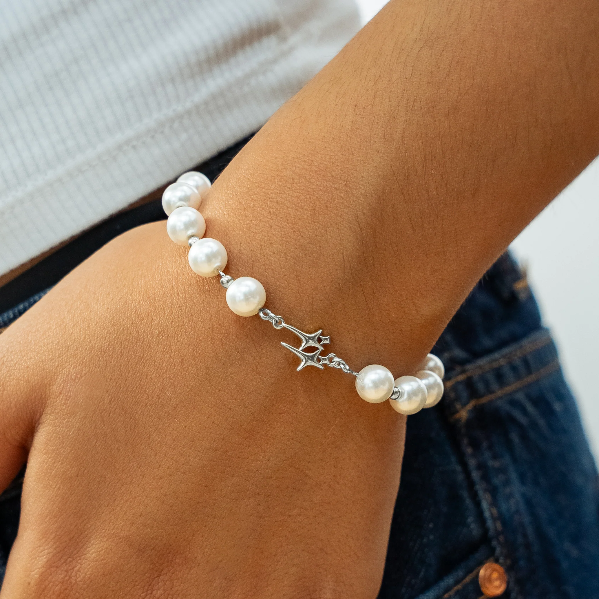 Bracelet Pearl Double Stars Argenté - Image 2