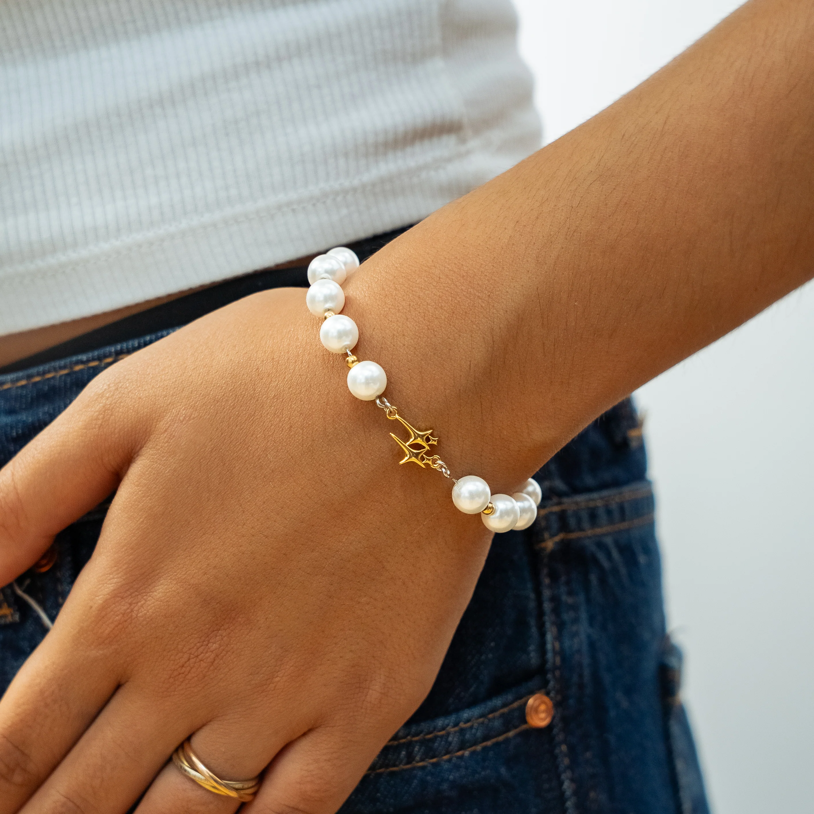 Bracelet Pearl Double Stars Doré - Image 2