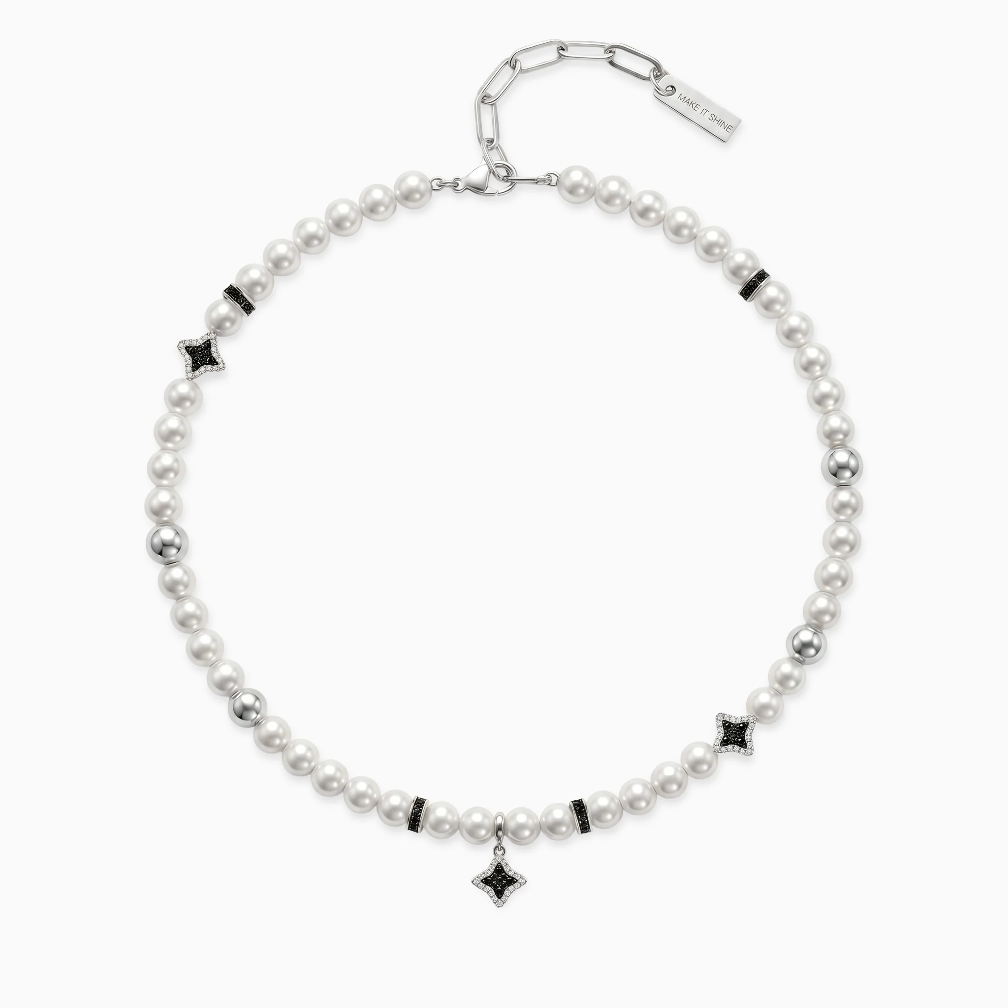 Chaîne Flower Pearl Argentée - Pierres Noires