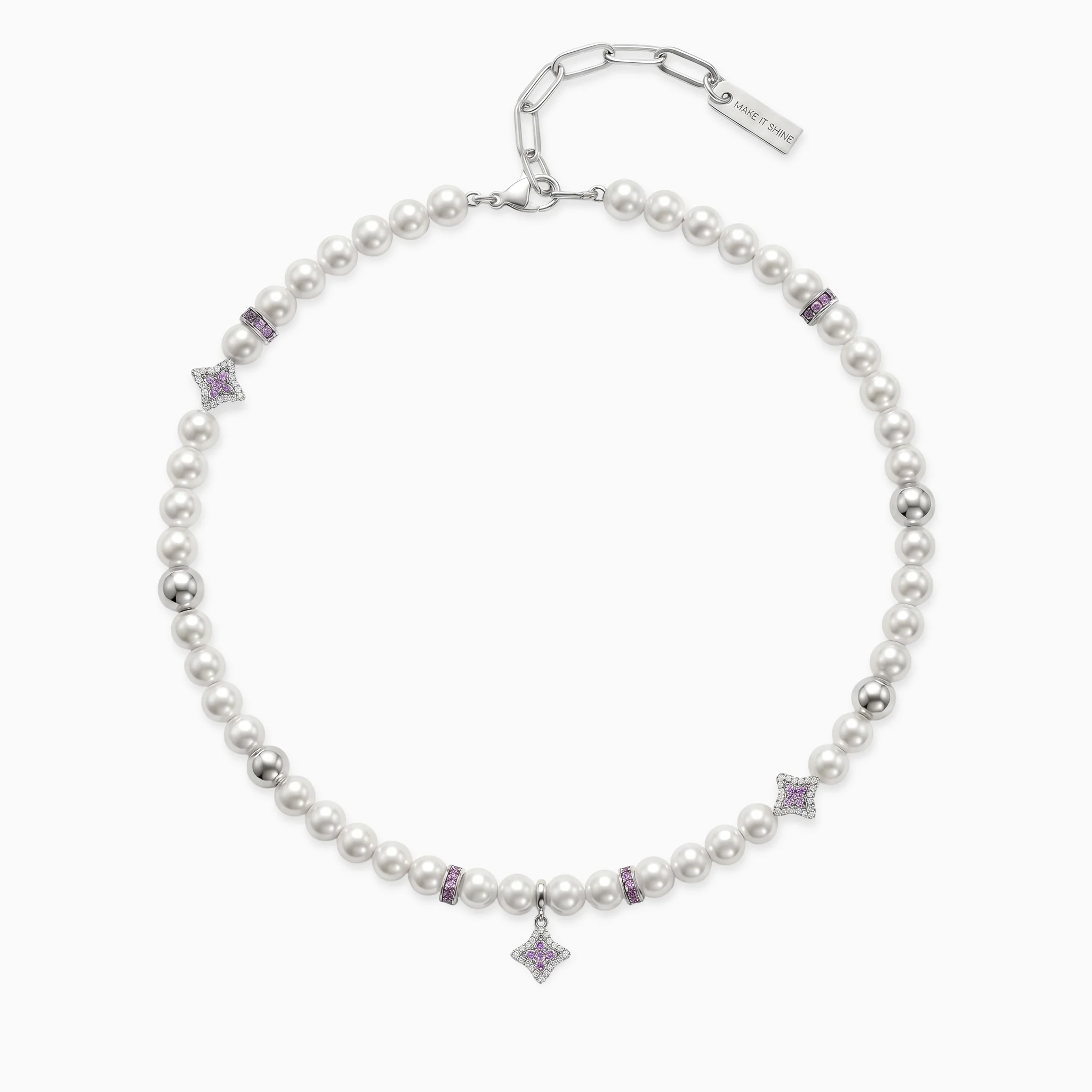 Chaîne Flower Pearl Argentée - Pierres Violettes