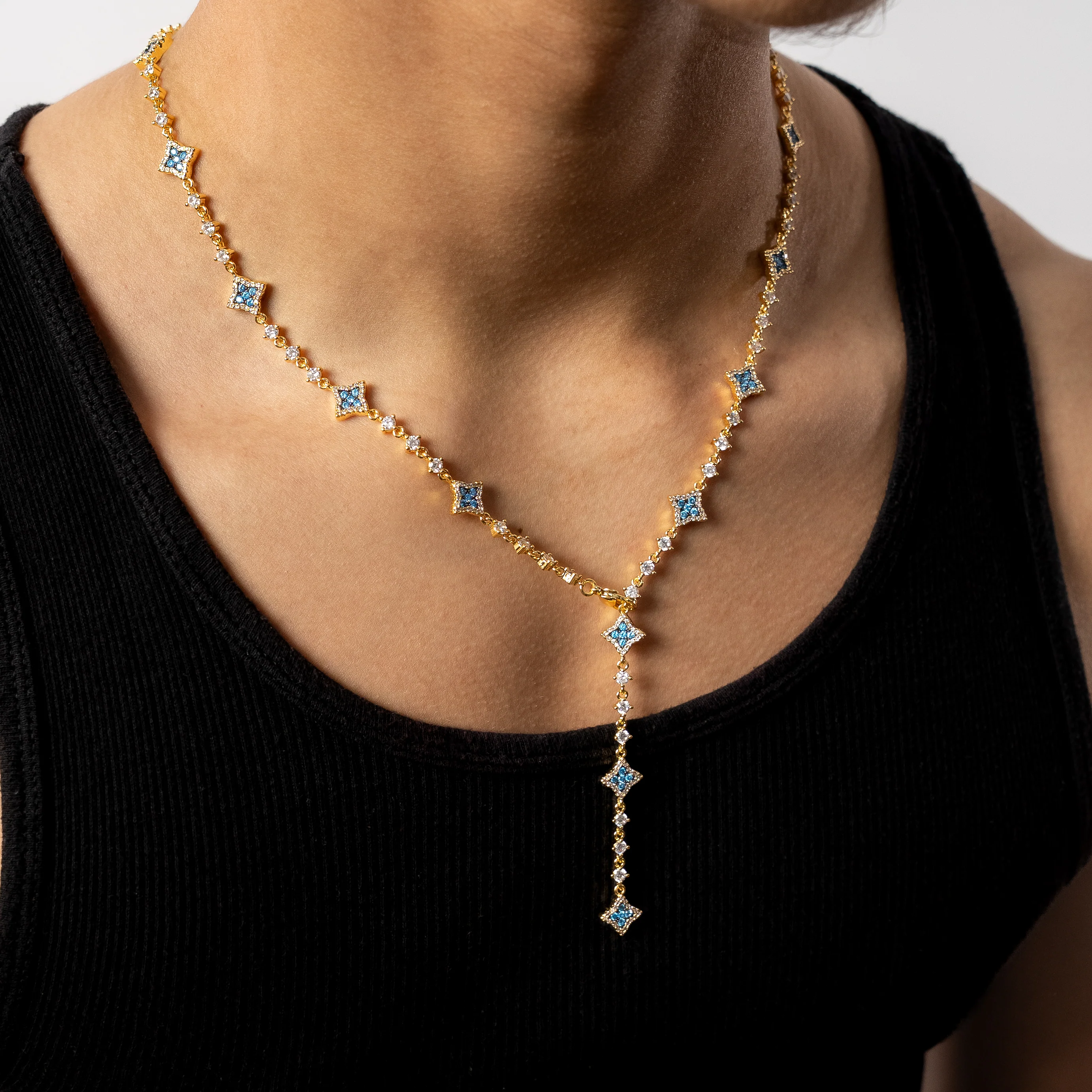 Lariat Flower Tennis Doré - Pierres Bleues - Image 3